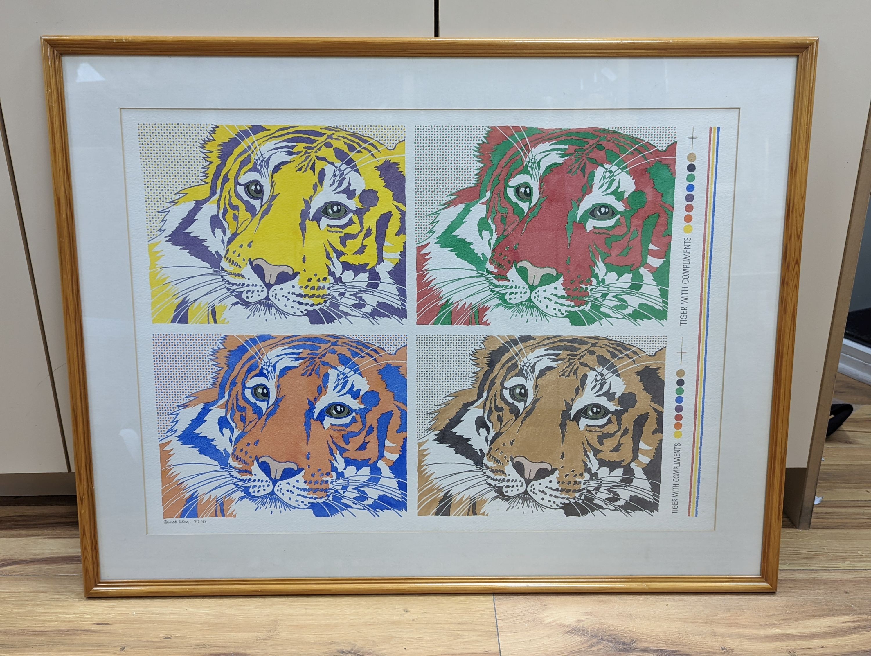 Janet Skea (1947-) watercolour, 'Tiger with compliments', signed and dated '87, 50 x 70cm